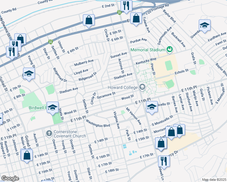 map of restaurants, bars, coffee shops, grocery stores, and more near Kenney Street in Big Spring