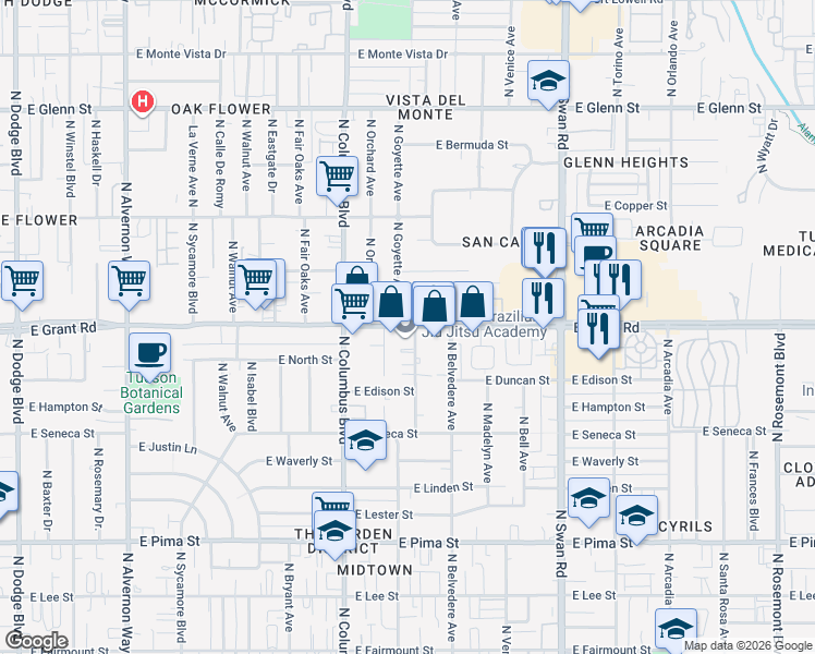 map of restaurants, bars, coffee shops, grocery stores, and more near 4415 East Grant Road in Tucson