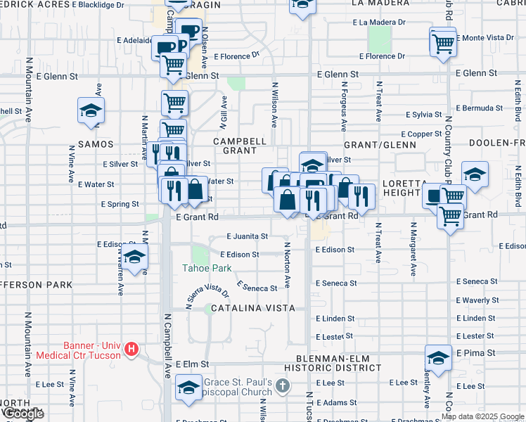 map of restaurants, bars, coffee shops, grocery stores, and more near 2252 East Grant Road in Tucson