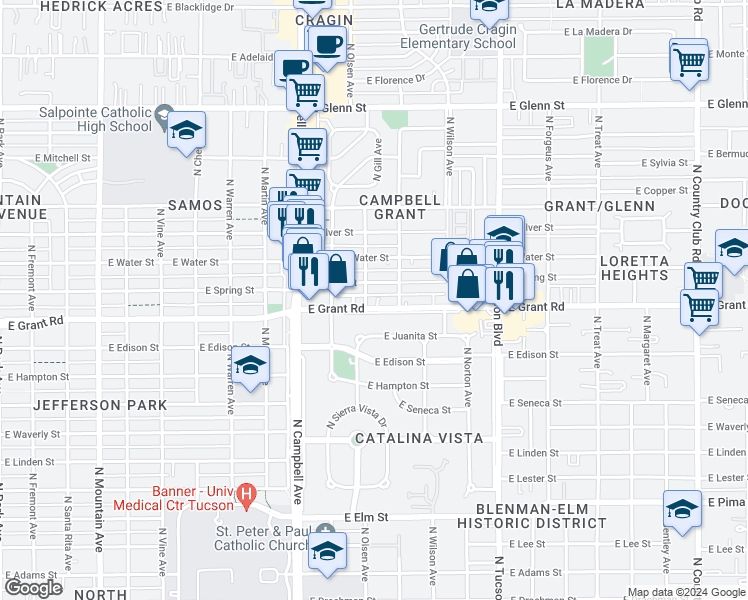 map of restaurants, bars, coffee shops, grocery stores, and more near 2148 East Grant Road in Tucson