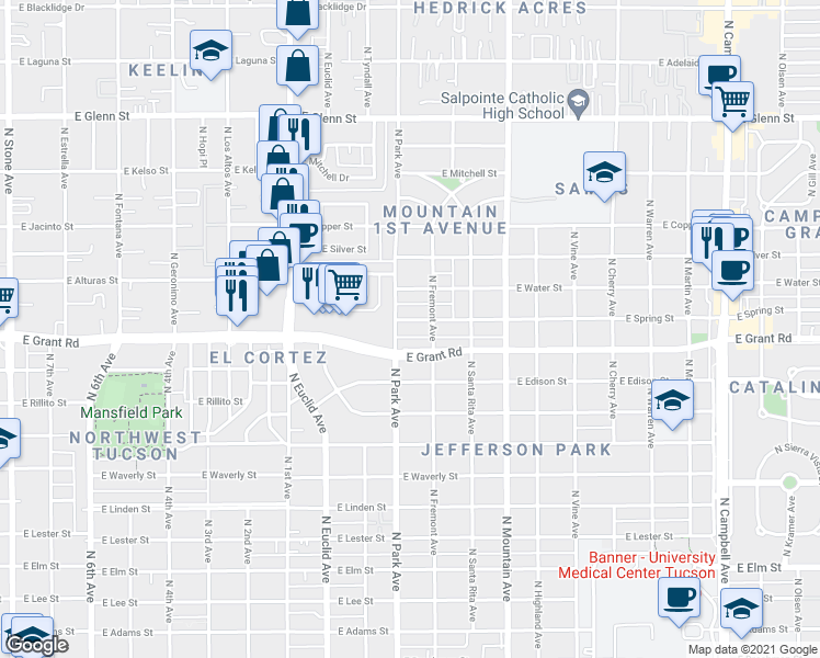 map of restaurants, bars, coffee shops, grocery stores, and more near 1019 East Grant Road in Tucson