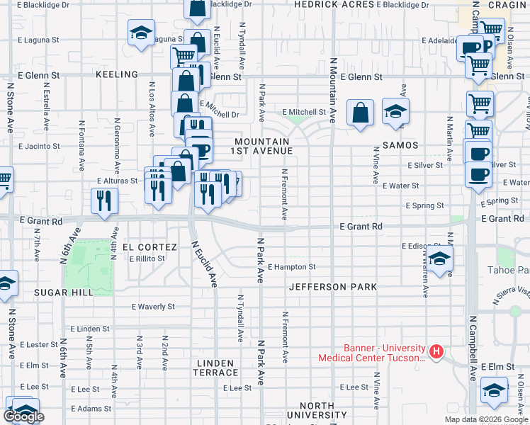 map of restaurants, bars, coffee shops, grocery stores, and more near 1019 East Grant Road in Tucson