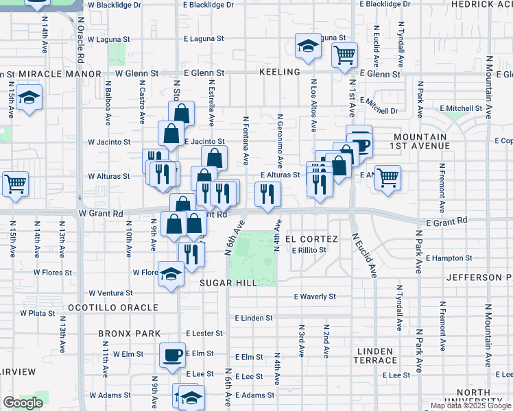 map of restaurants, bars, coffee shops, grocery stores, and more near 316 East Grant Road in Tucson