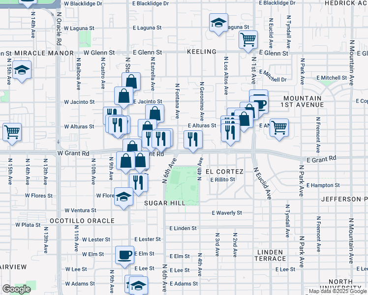 map of restaurants, bars, coffee shops, grocery stores, and more near 316 East Grant Road in Tucson