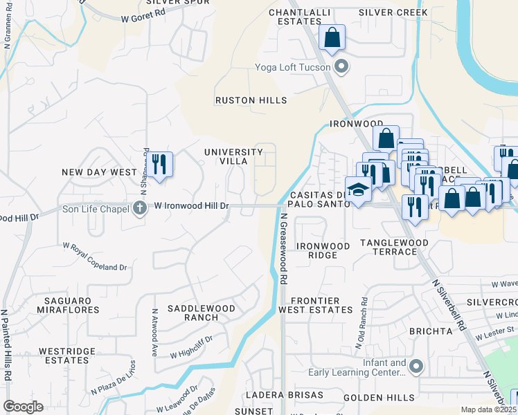 map of restaurants, bars, coffee shops, grocery stores, and more near 2533 West Ironwood Hill Drive in Tucson