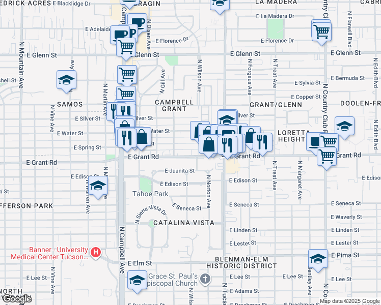 map of restaurants, bars, coffee shops, grocery stores, and more near 2237 East Grant Road in Tucson