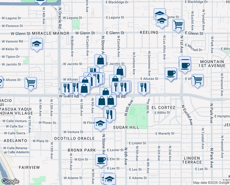 map of restaurants, bars, coffee shops, grocery stores, and more near 110 East Grant Road in Tucson