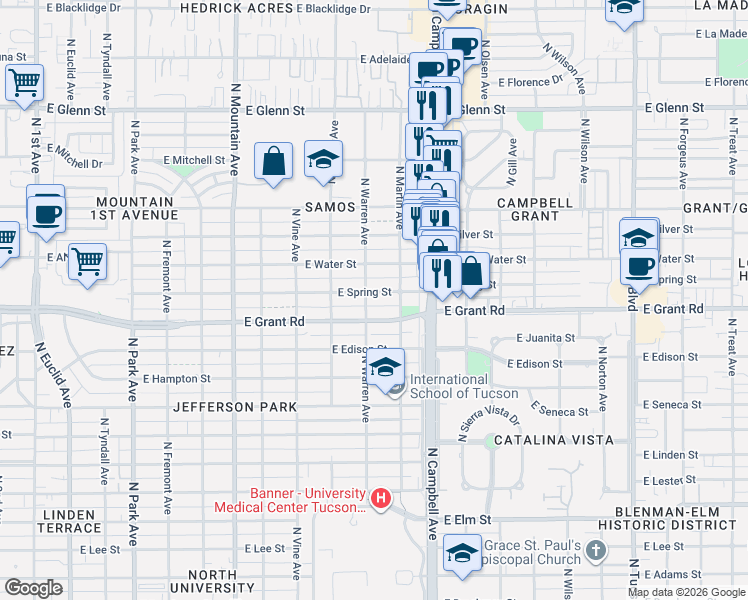 map of restaurants, bars, coffee shops, grocery stores, and more near 1717 East Grant Road in Tucson