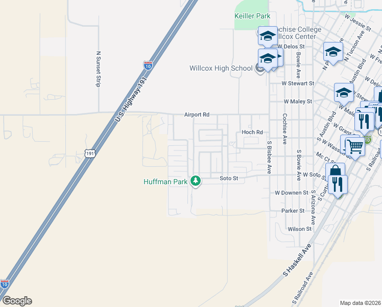 map of restaurants, bars, coffee shops, grocery stores, and more near 1402 Quail Run Lane in Willcox