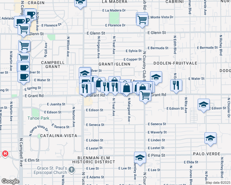 map of restaurants, bars, coffee shops, grocery stores, and more near 2802 East Grant Road in Tucson