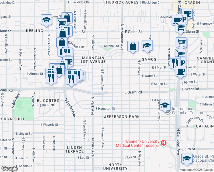 map of restaurants, bars, coffee shops, grocery stores, and more near 1145 East Grant Road in Tucson