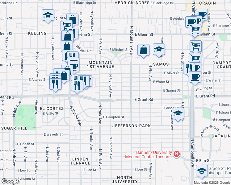 map of restaurants, bars, coffee shops, grocery stores, and more near 1145 East Grant Road in Tucson