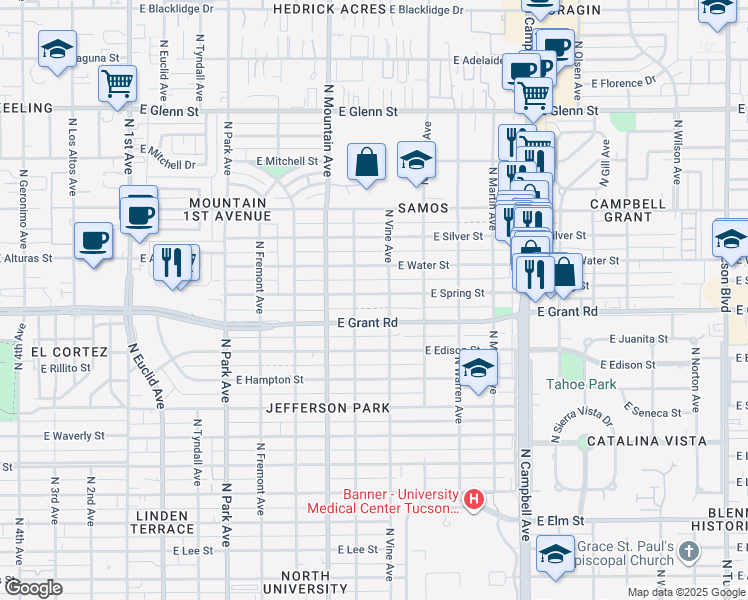 map of restaurants, bars, coffee shops, grocery stores, and more near 1417 East Grant Road in Tucson