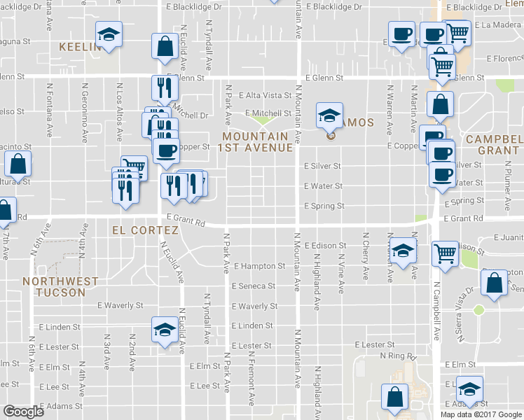 map of restaurants, bars, coffee shops, grocery stores, and more near 1145 East Grant Road in Tucson