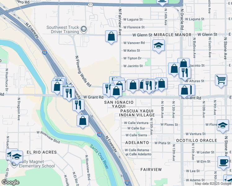 map of restaurants, bars, coffee shops, grocery stores, and more near 952 West Grant Road in Tucson