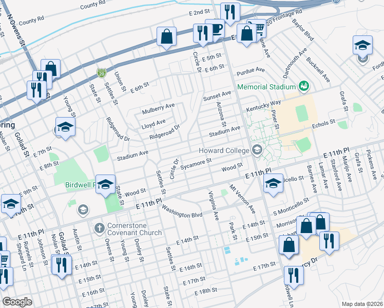 map of restaurants, bars, coffee shops, grocery stores, and more near 609 Circle Drive in Big Spring