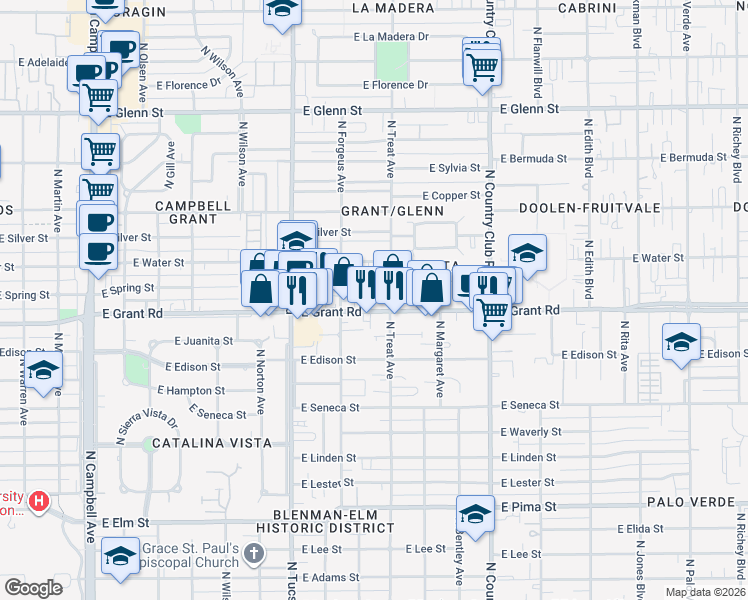 map of restaurants, bars, coffee shops, grocery stores, and more near 2625 East Spring Street in Tucson