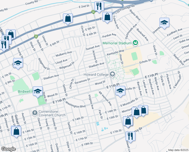 map of restaurants, bars, coffee shops, grocery stores, and more near 1515 Tucson Road in Big Spring