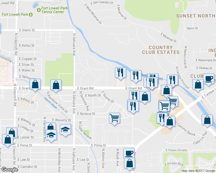 map of restaurants, bars, coffee shops, grocery stores, and more near 6161 East Grant Road in Tucson