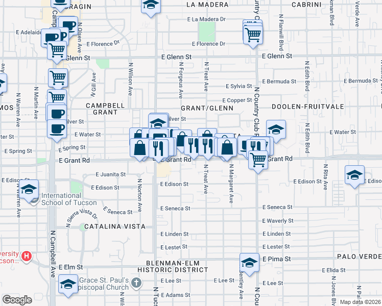 map of restaurants, bars, coffee shops, grocery stores, and more near 2625 East Spring Street in Tucson