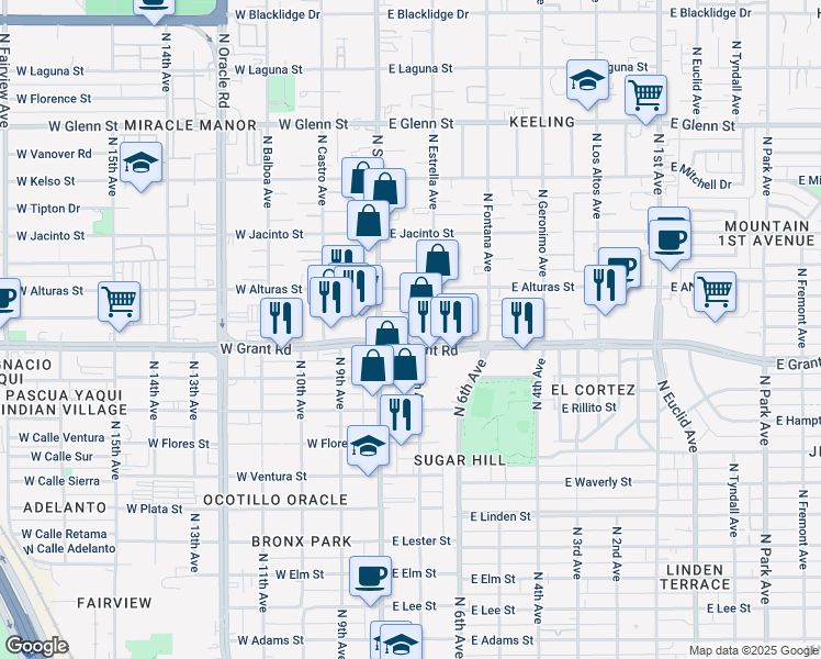 map of restaurants, bars, coffee shops, grocery stores, and more near 2437 North Estrella Avenue in Tucson