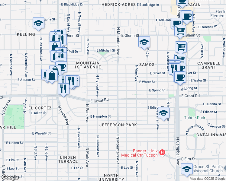 map of restaurants, bars, coffee shops, grocery stores, and more near 1210 East Water Street in Tucson