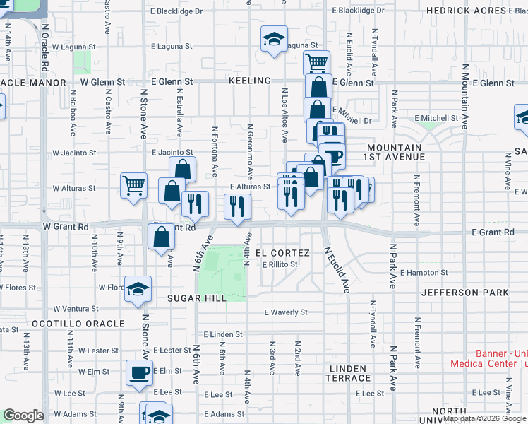 map of restaurants, bars, coffee shops, grocery stores, and more near 2435 North Los Altos Avenue in Tucson