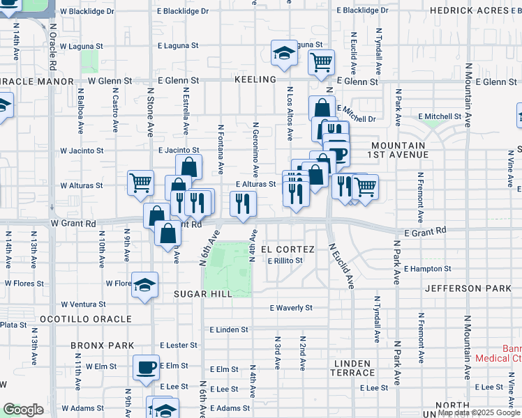 map of restaurants, bars, coffee shops, grocery stores, and more near 2436 North Geronimo Avenue in Tucson
