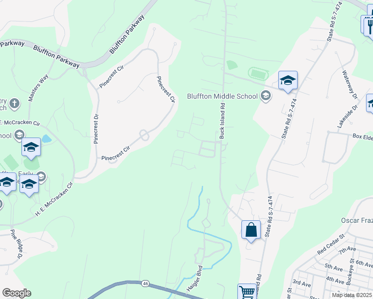 map of restaurants, bars, coffee shops, grocery stores, and more near 84 Plumgrass Street in Bluffton