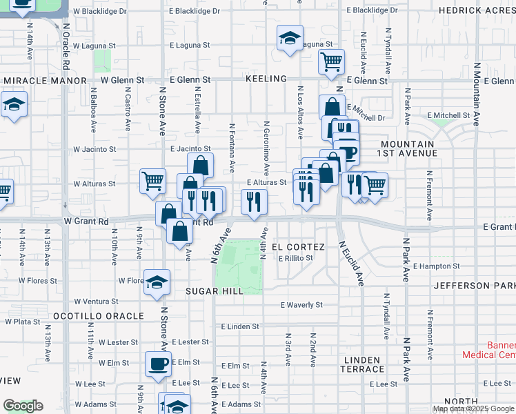 map of restaurants, bars, coffee shops, grocery stores, and more near 2417 North Geronimo Avenue in Tucson