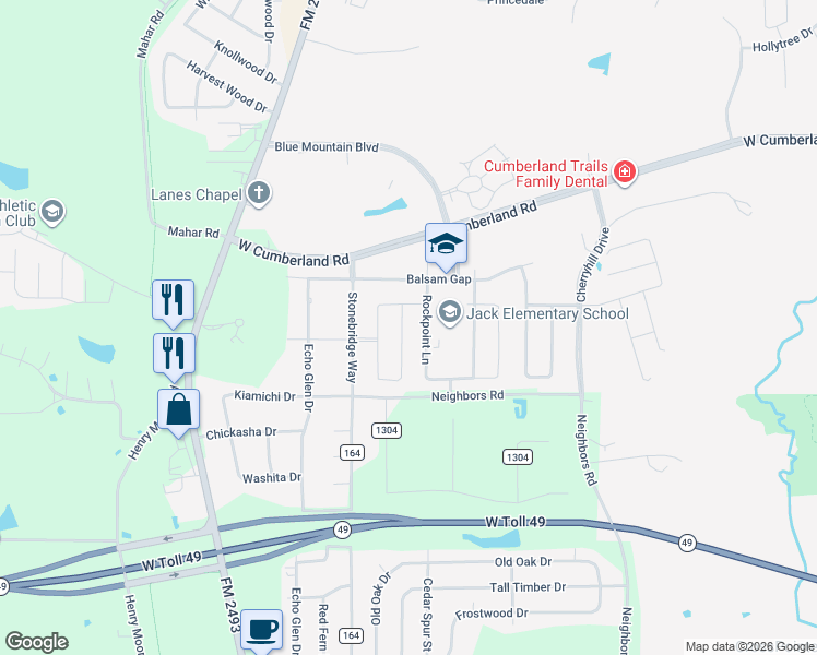 map of restaurants, bars, coffee shops, grocery stores, and more near 7323 Rockpoint Lane in Tyler