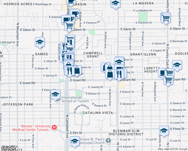 map of restaurants, bars, coffee shops, grocery stores, and more near 2202 East Spring Street in Tucson
