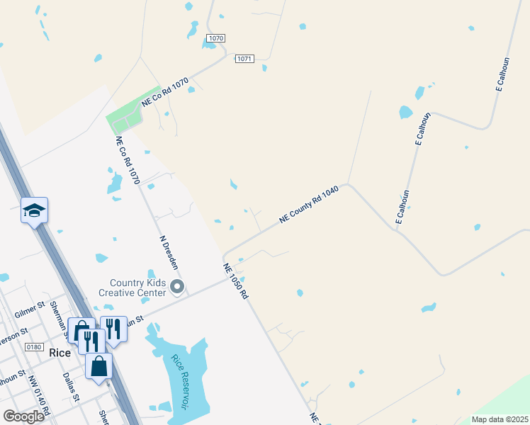 map of restaurants, bars, coffee shops, grocery stores, and more near 8468 Northeast County Road 1040 in Rice