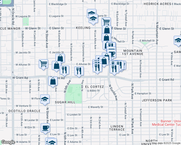 map of restaurants, bars, coffee shops, grocery stores, and more near 2435 North Los Altos Avenue in Tucson