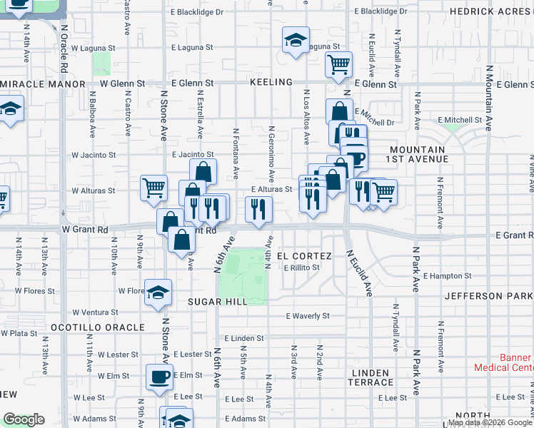 map of restaurants, bars, coffee shops, grocery stores, and more near 2415 North Geronimo Avenue in Tucson