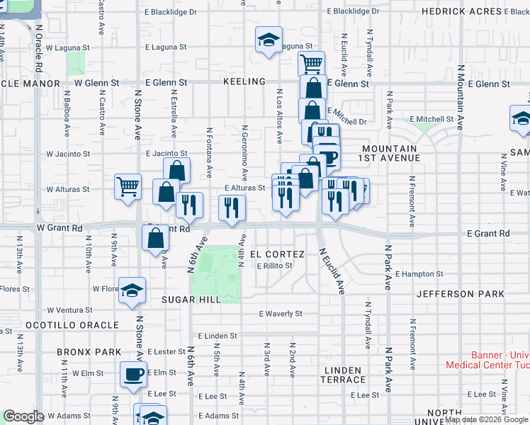 map of restaurants, bars, coffee shops, grocery stores, and more near 2435 North Los Altos Avenue in Tucson