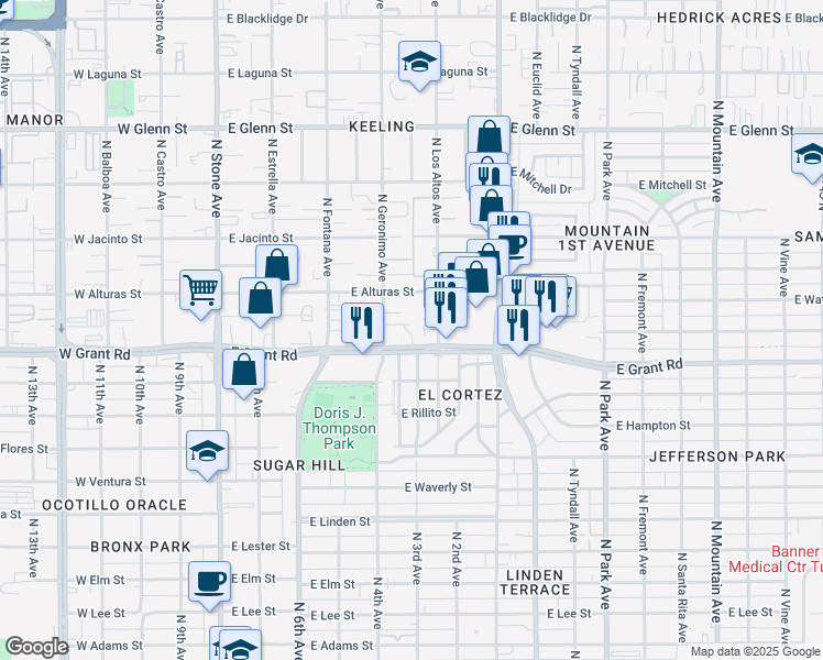 map of restaurants, bars, coffee shops, grocery stores, and more near 442 East Wilcox Drive in Tucson