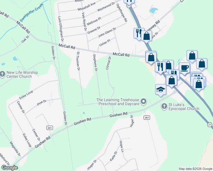 map of restaurants, bars, coffee shops, grocery stores, and more near 125 Crystal Drive in Rincon