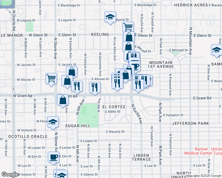 map of restaurants, bars, coffee shops, grocery stores, and more near 2435 North Los Altos Avenue in Tucson