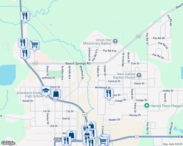 map of restaurants, bars, coffee shops, grocery stores, and more near 501 Tolar Street in Jonesboro