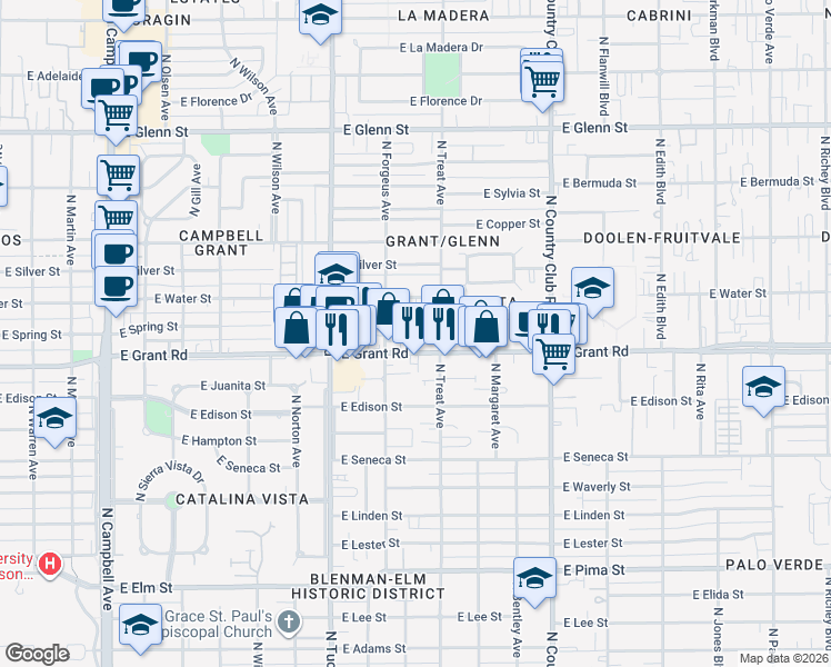 map of restaurants, bars, coffee shops, grocery stores, and more near 2625 East Spring Street in Tucson