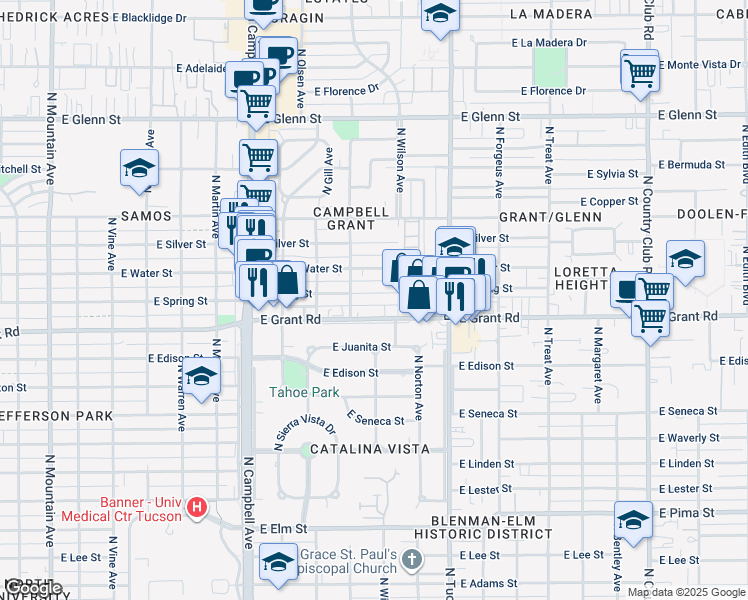 map of restaurants, bars, coffee shops, grocery stores, and more near 2235 East Spring Street in Tucson
