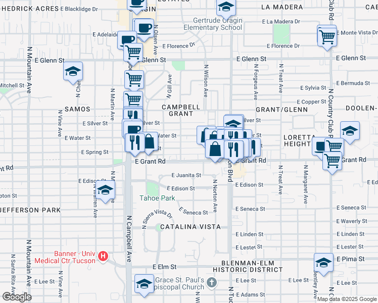 map of restaurants, bars, coffee shops, grocery stores, and more near 2235 East Spring Street in Tucson