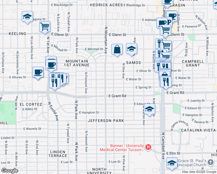 map of restaurants, bars, coffee shops, grocery stores, and more near 1330 East Water Street in Tucson