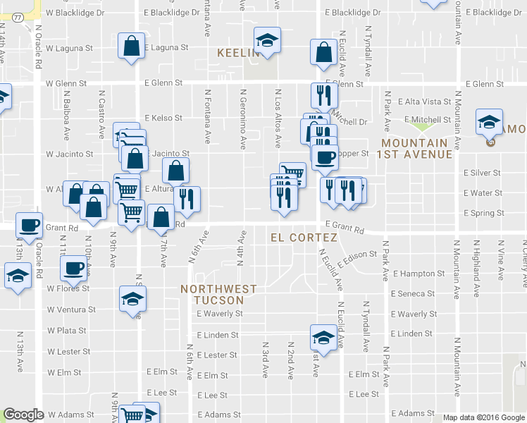 map of restaurants, bars, coffee shops, grocery stores, and more near 2435 North Los Altos Avenue in Tucson