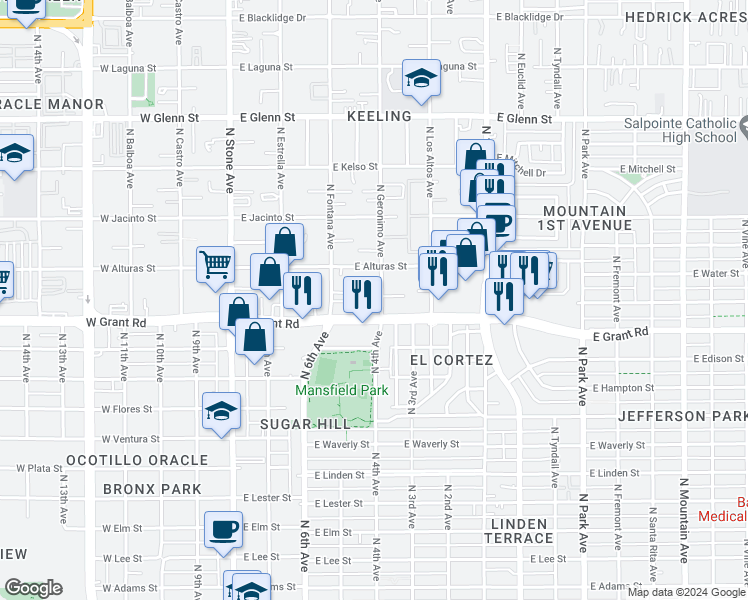 map of restaurants, bars, coffee shops, grocery stores, and more near 2436 North Geronimo Avenue in Tucson
