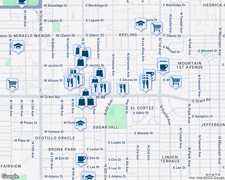 map of restaurants, bars, coffee shops, grocery stores, and more near 251 East Water Street in Tucson