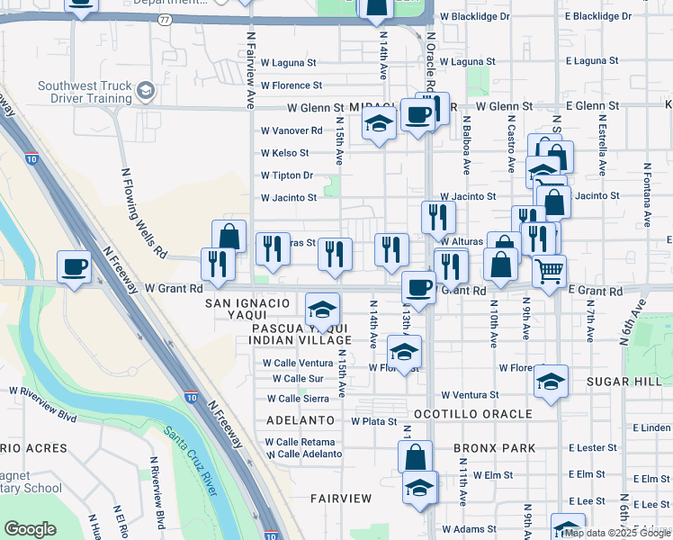 map of restaurants, bars, coffee shops, grocery stores, and more near 2440 North 15th Avenue in Tucson