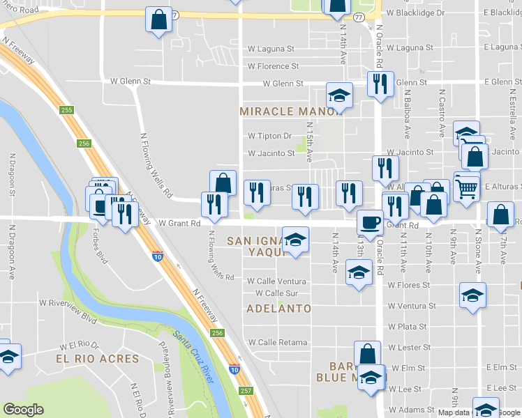 map of restaurants, bars, coffee shops, grocery stores, and more near 820 West Budmoore Terrace in Tucson