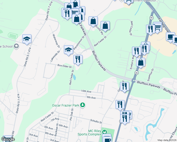 map of restaurants, bars, coffee shops, grocery stores, and more near 12 Wilkinson Way in Bluffton